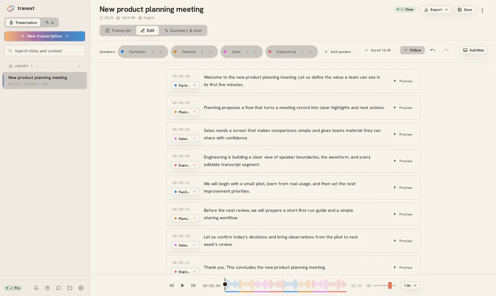 The tranext editor, with each speaker's lines color-coded and a waveform in the playback bar below.